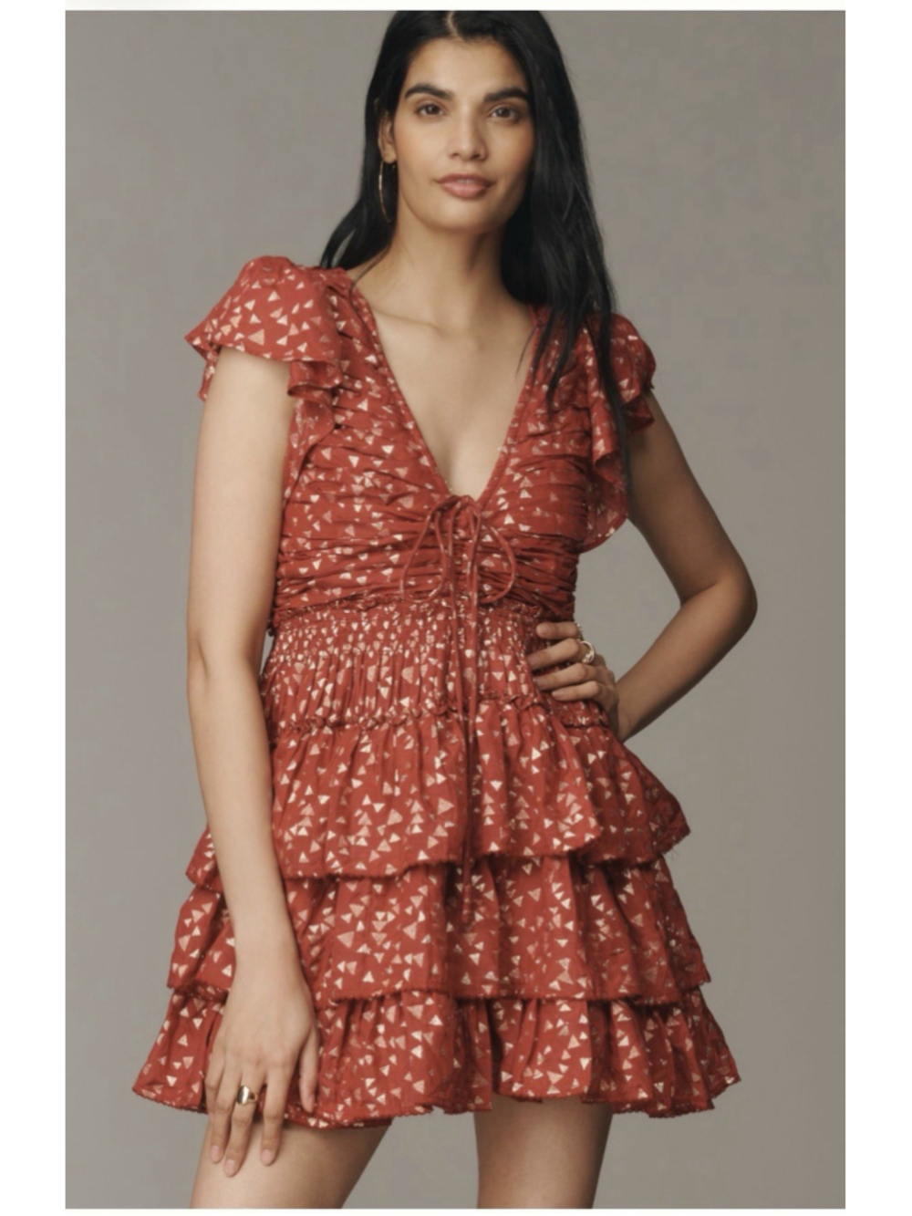 NWT By Anthropologie Tiered Ruffled Mini Dress Size:M Garnet Metallic MSRP:$178